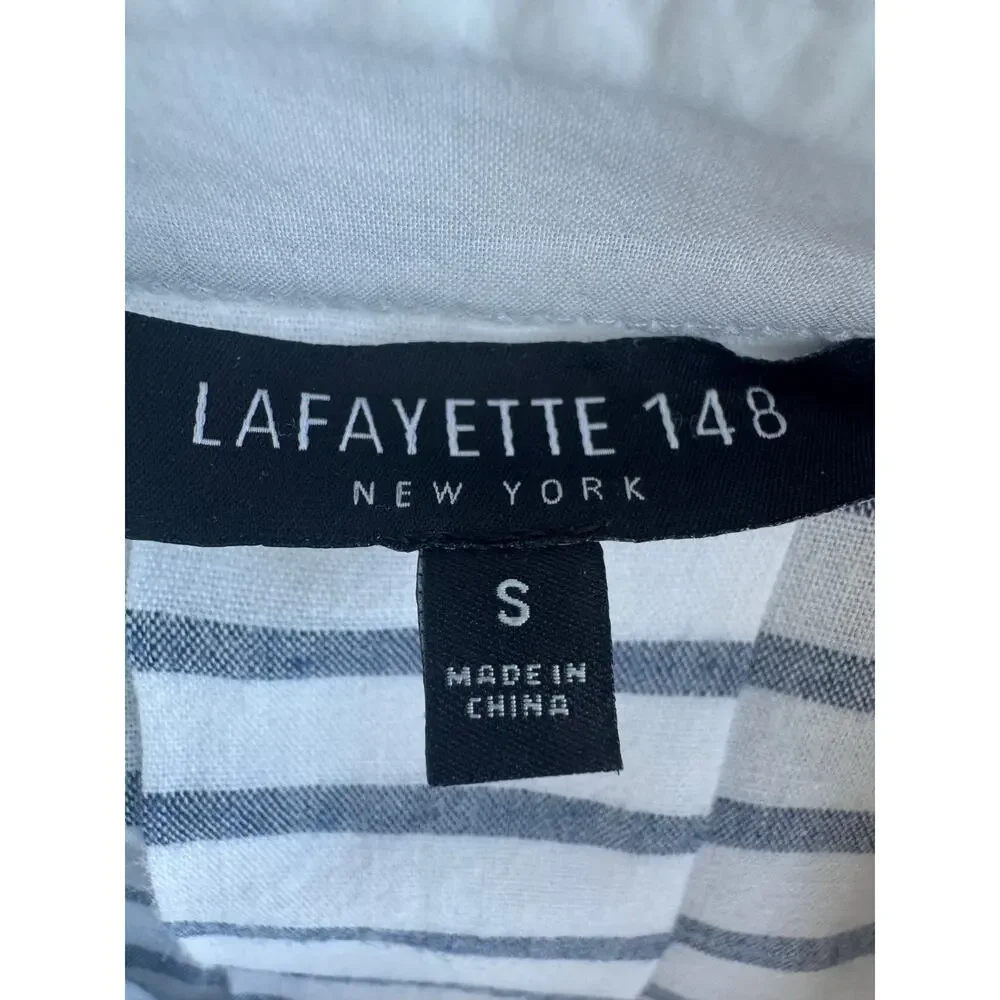 Lafayette 148 New York Button Down White Blue Stripe Tunic Small S Cotton Linen - Picture 9 of 10